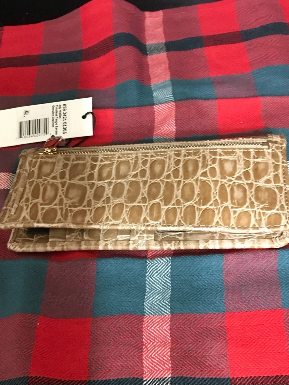 Brahmin Beige Croc-Embossed Trifold Wallet with Metal Logo